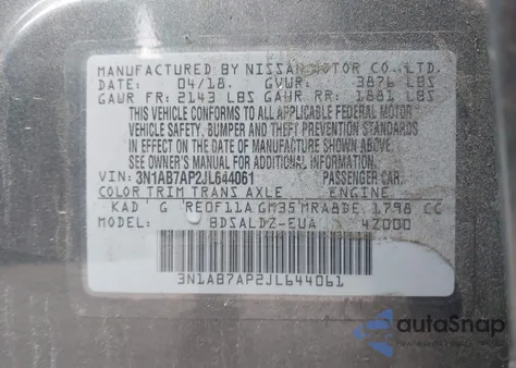 2018 Nissan Sentra Sv z USA, uszkodzony, nr VIN 3N1AB7AP2JL644061